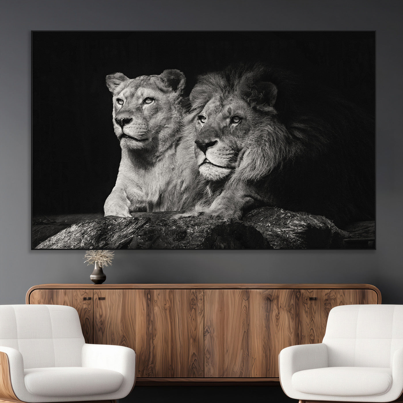 SEG-FC-51X34_Oversize - Lion Couple Canvas Wall Art Print – Elegant Wildlife Portrait in Black and White Lion Family – Ready