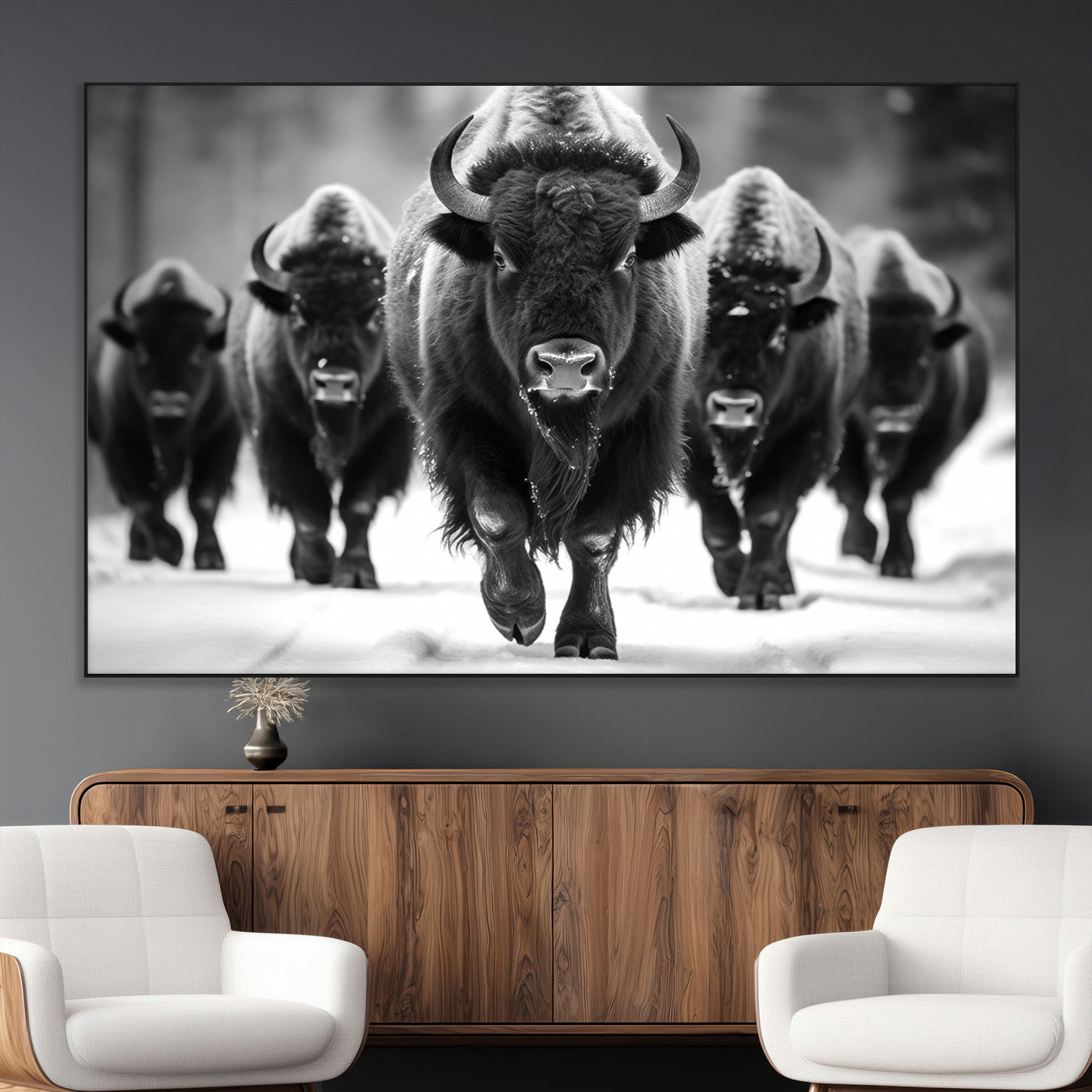 SEG-FC-51X34_Oversize - American Bison Art | Buffalo Herd Wall Art Canvas Print, BW American Bison Herd Wall Art Canvas