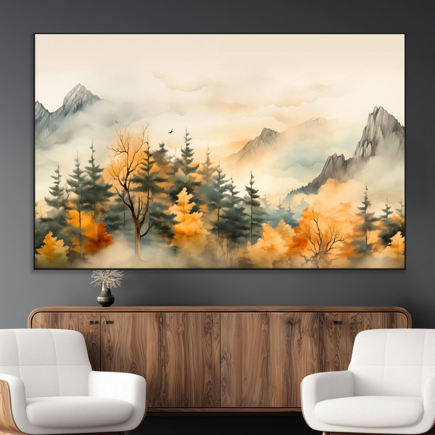 SEG-FC-51X34_Oversize - Abstract Watercolor Mountains and Trees Autumn Art, Watercolor Mountains and Trees Canvas Print
