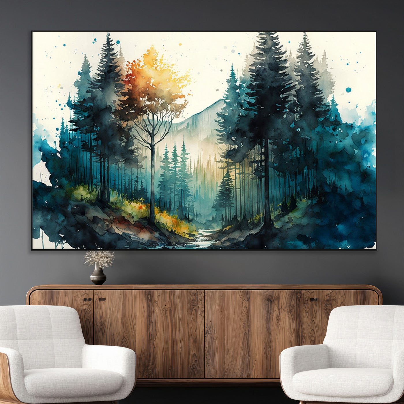 -Watercolor Trees Forest Abstract Wall Art Canvas Print, Framed Watercolor Trees Wall Art