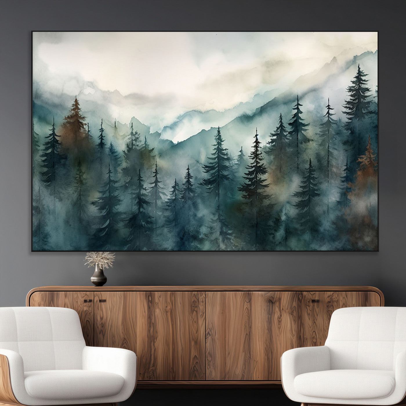 48468-MGV-CV-36X24-Serenity Forest Wall Art Canvas | Foggy Mountain Landscape Canvas Print for Living Room or Office | Nature-Inspired Woodland Decor