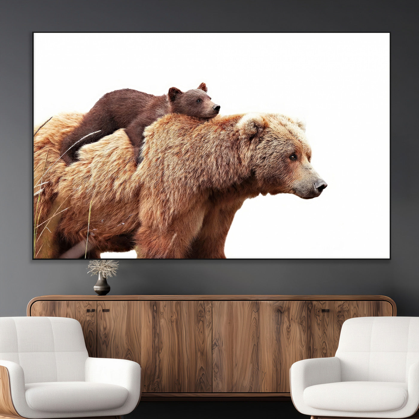 -Mother and Baby Bear Canvas Wall Art - Adorable Wildlife Animal Print, Cozy Rustic Decor for Living