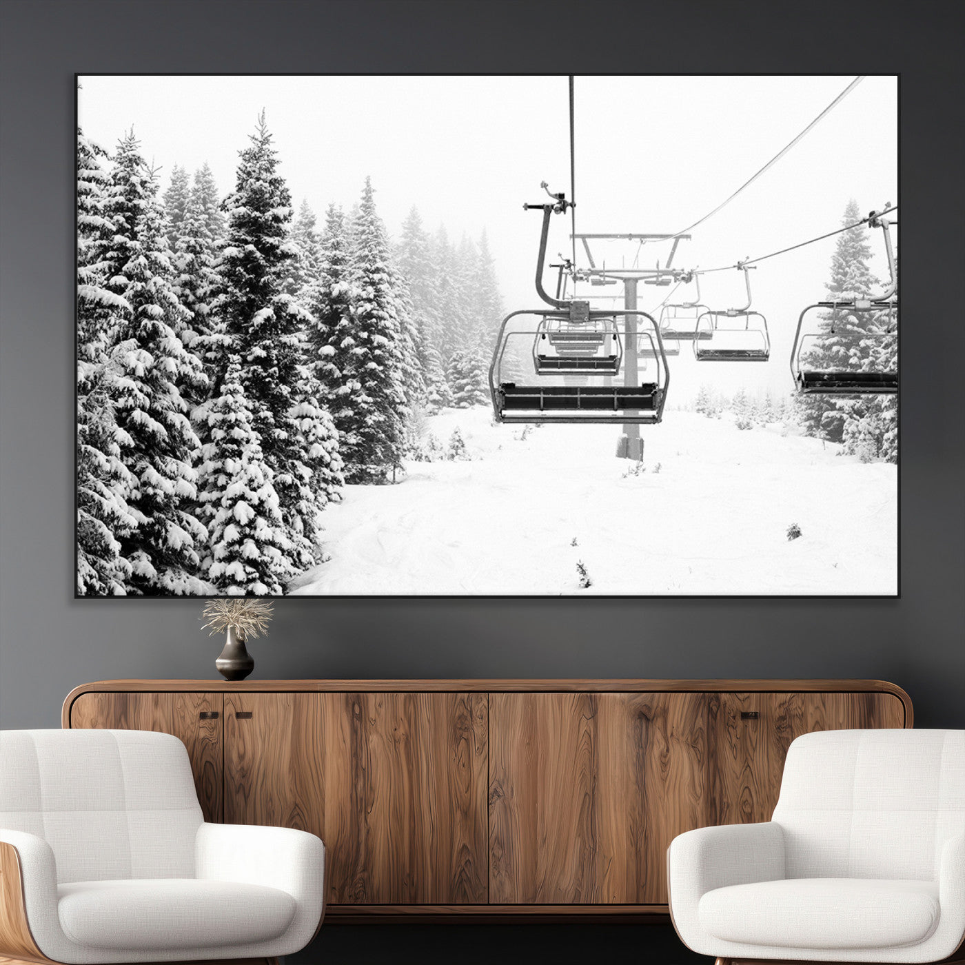 SEG-FC-51X34_Oversize - Winter Forest Wall Art Canvas Print, Framed Snowy Forest Art Picture Print, Winter Ski Lift Perfect