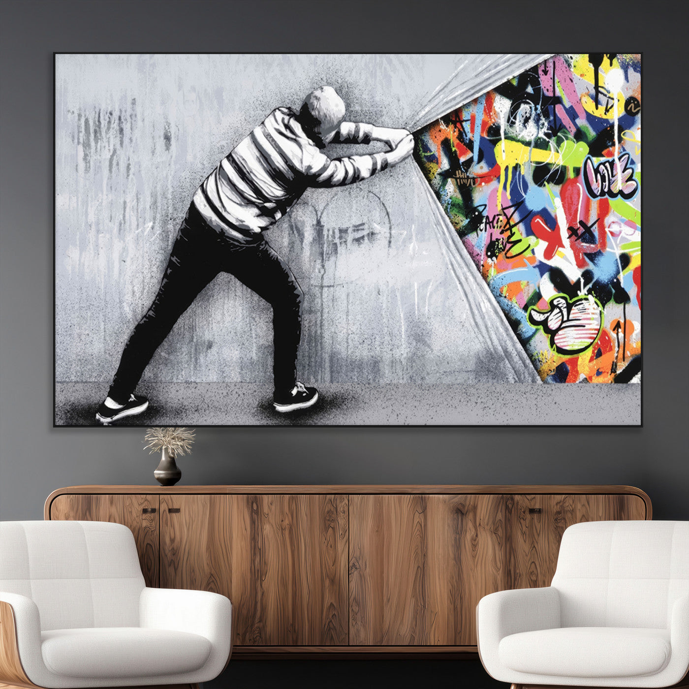 SEG-FC-51X34_Oversize - Banksy Art Behind the Curtain Street Wall Art Canvas Print | 3-Panel Urban Graffiti-Inspired Wall