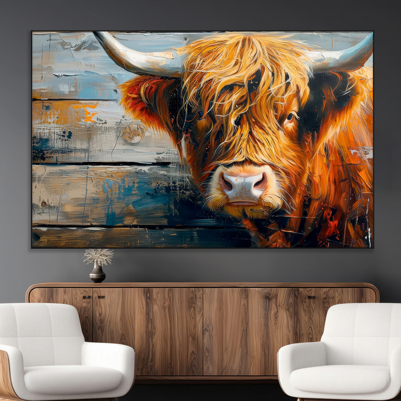 -Highland Cow Abstract Canvas Wall Art – Bold Farmhouse Rustic Decor – Ready to Hang