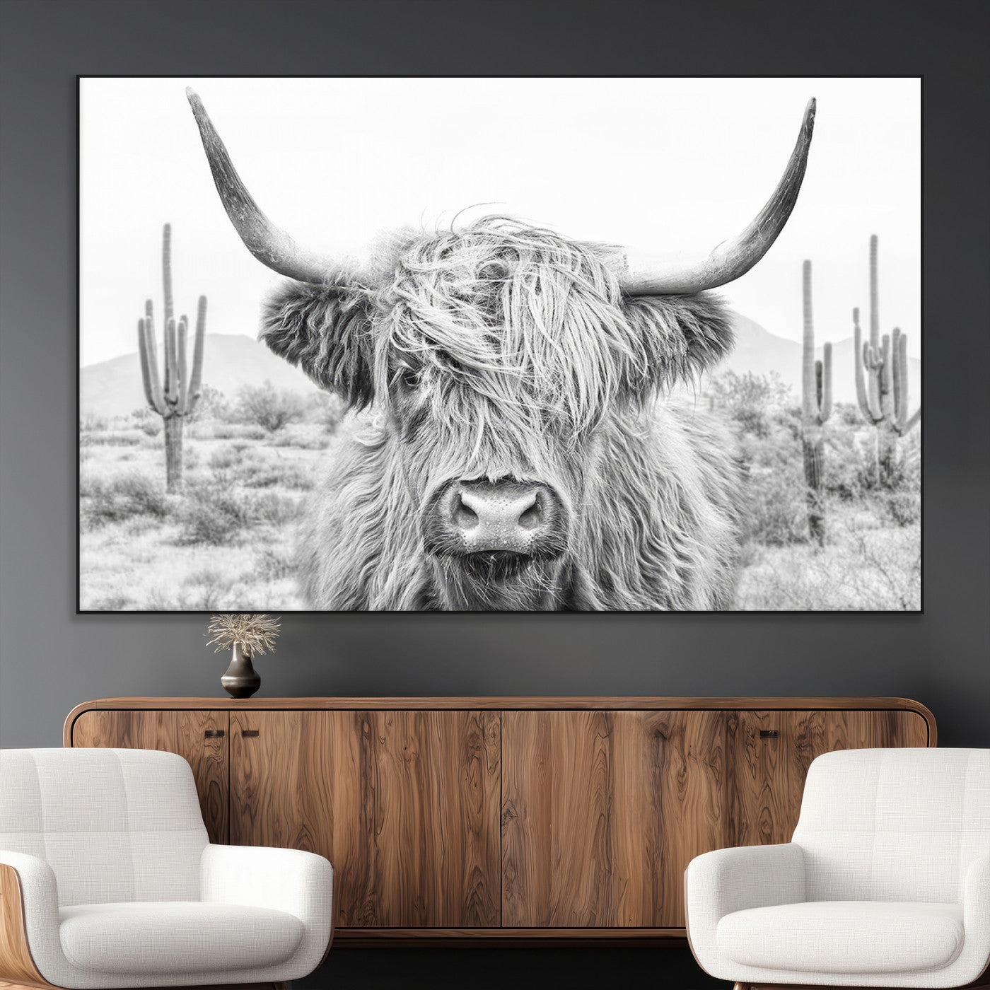 -Rustic Charm | Cow Longhorn Black White Bighorn Wall Art Canvas Print | Farmhouse Wall Art
