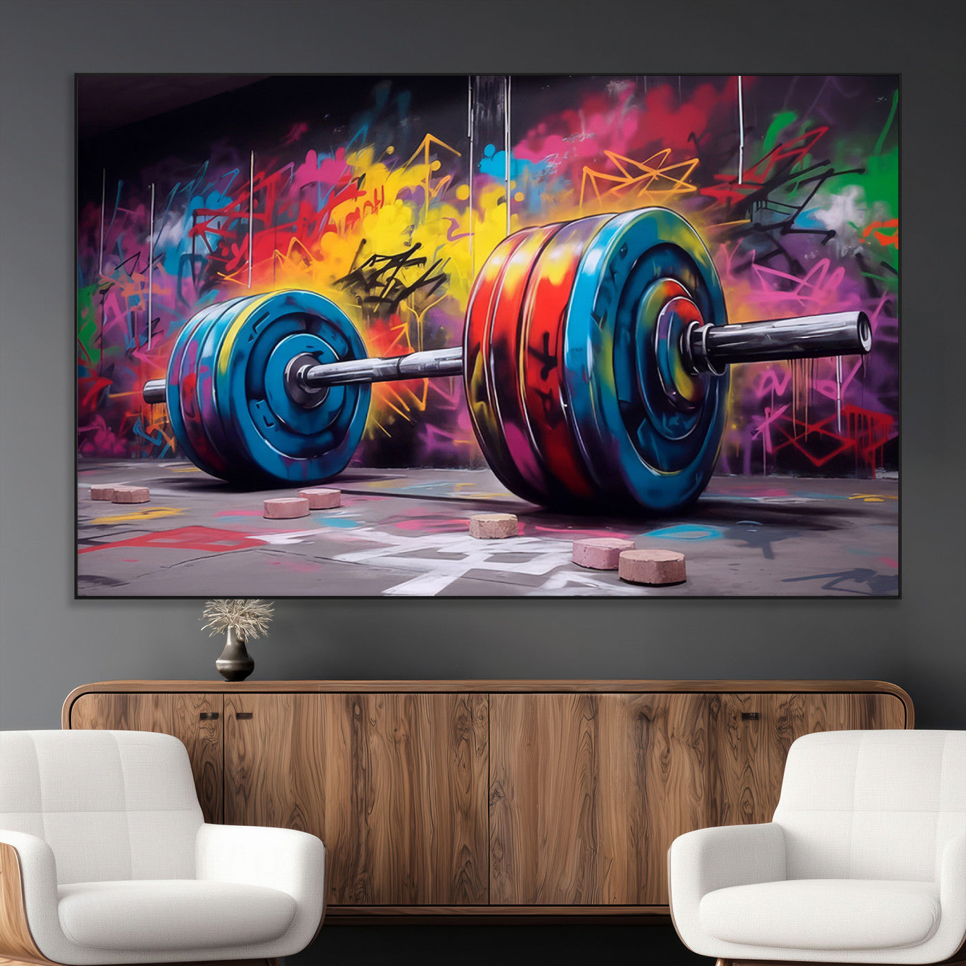 SEG-FC-51X34_Oversize - Abstract Graffiti Barbell Canvas Wall Art – Urban Fitness Meets Bold Street Art Print - Gym Wall Art Print