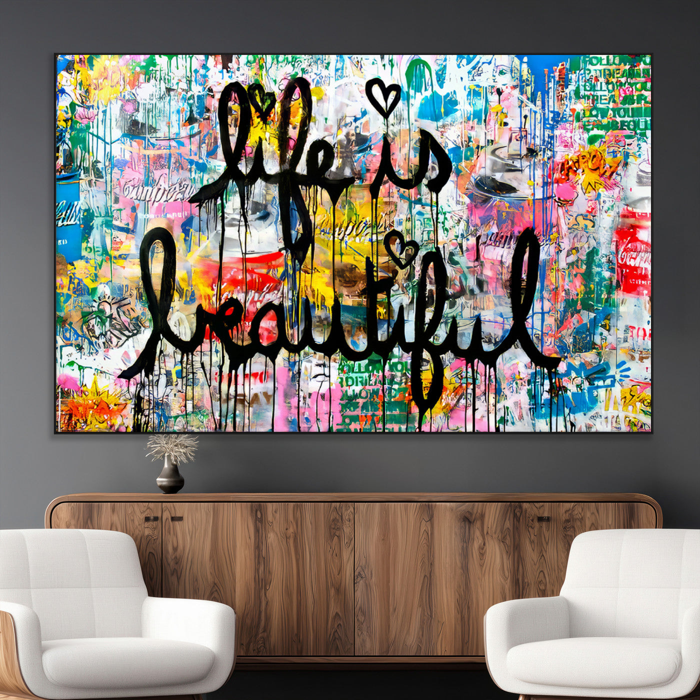 SEG-FC-51X34_Oversize - Life Beautiful Art Print - Banksy Graffiti Wall Art Canvas Print | Graffiti Wall Art Canvas Print