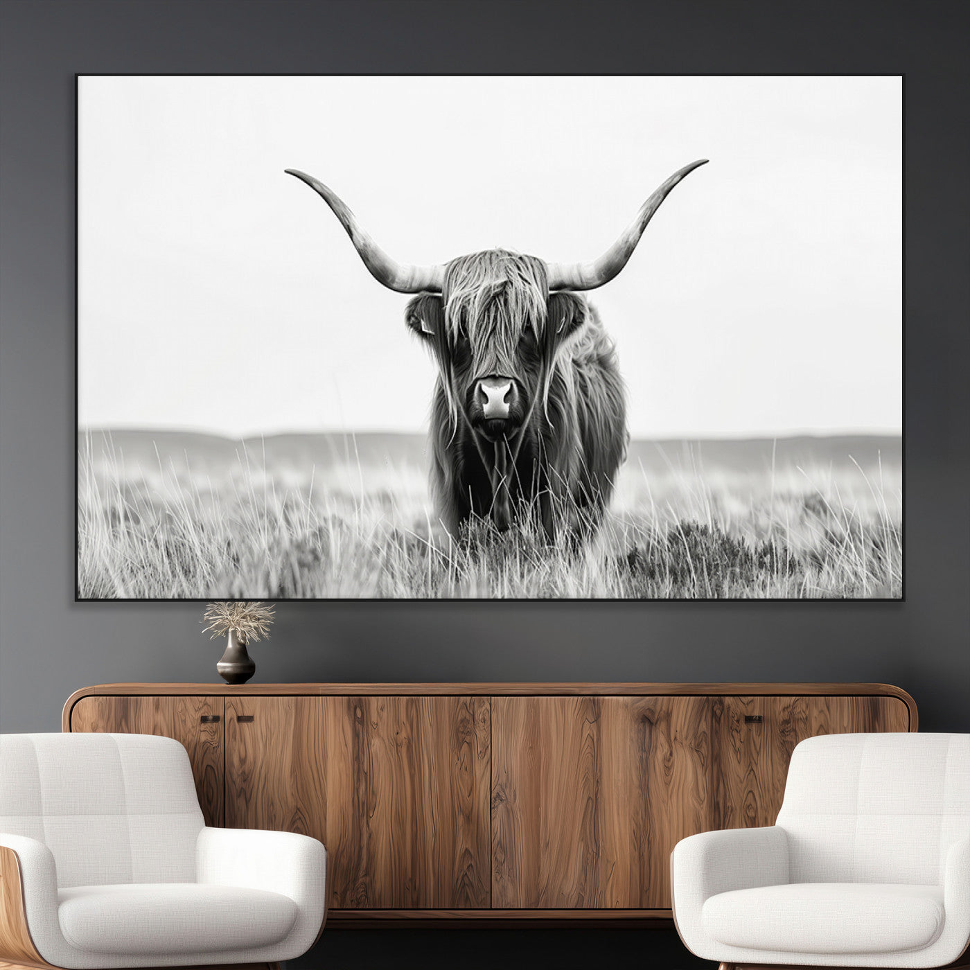 SEG-FC-51X34_Oversize - Highland Cow Canvas Wall Art – Majestic Beauty in Black and White