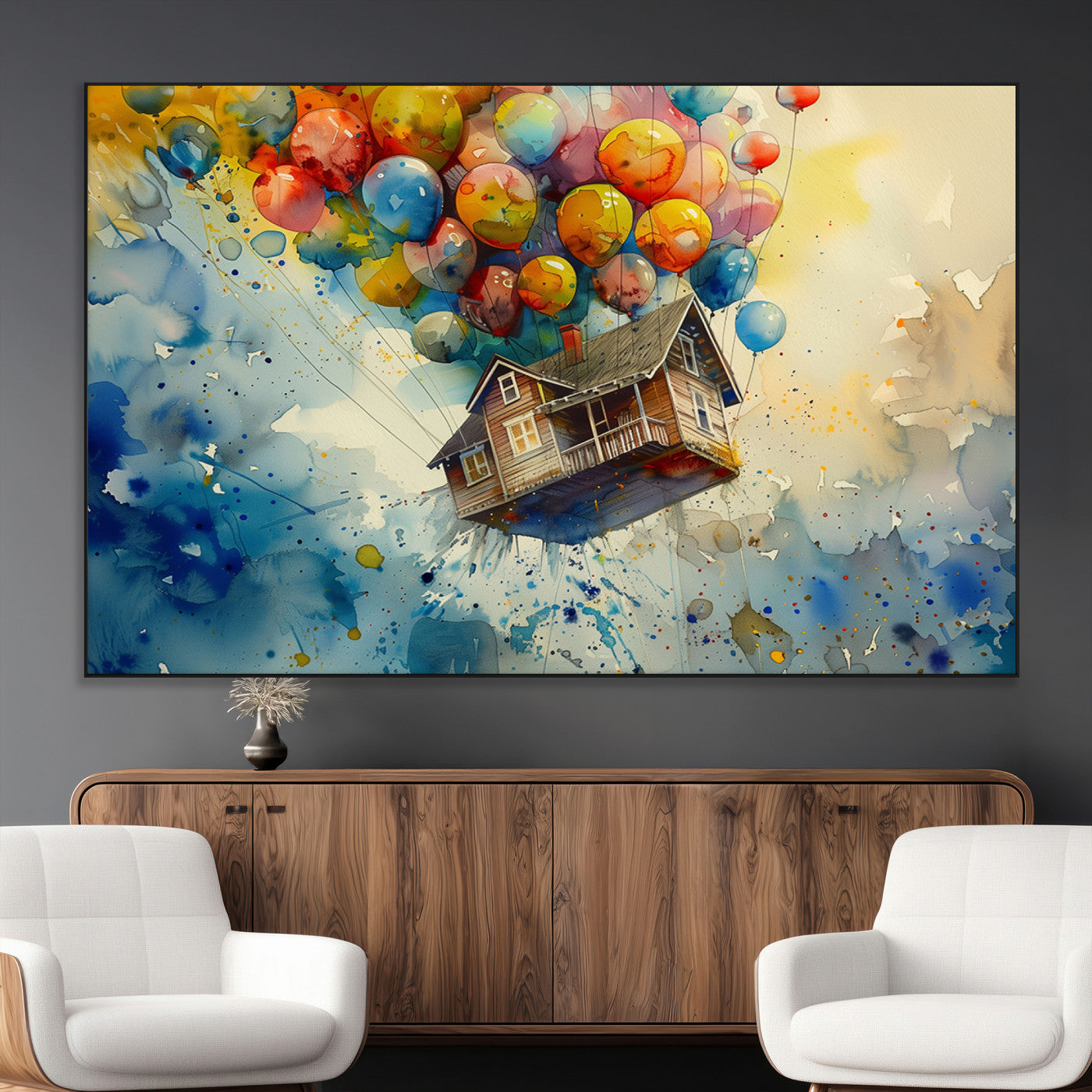 SEG-FC-51X34_Oversize - UP-Inspired Floating House with Balloons Canvas Art – Colorful 3-Panel Wall Decor for Living Room,