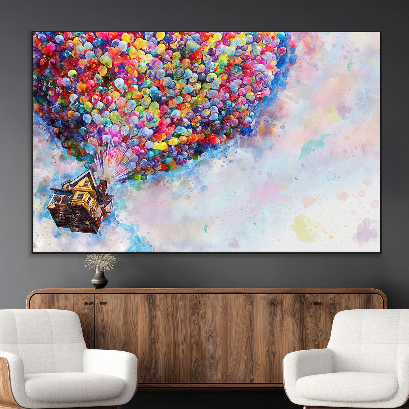 SEG-FC-51X34_Oversize - Don't Look Up Movie Canvas Wall Art - Vibrant Floating House and Balloons Scene, Tribute to Iconic
