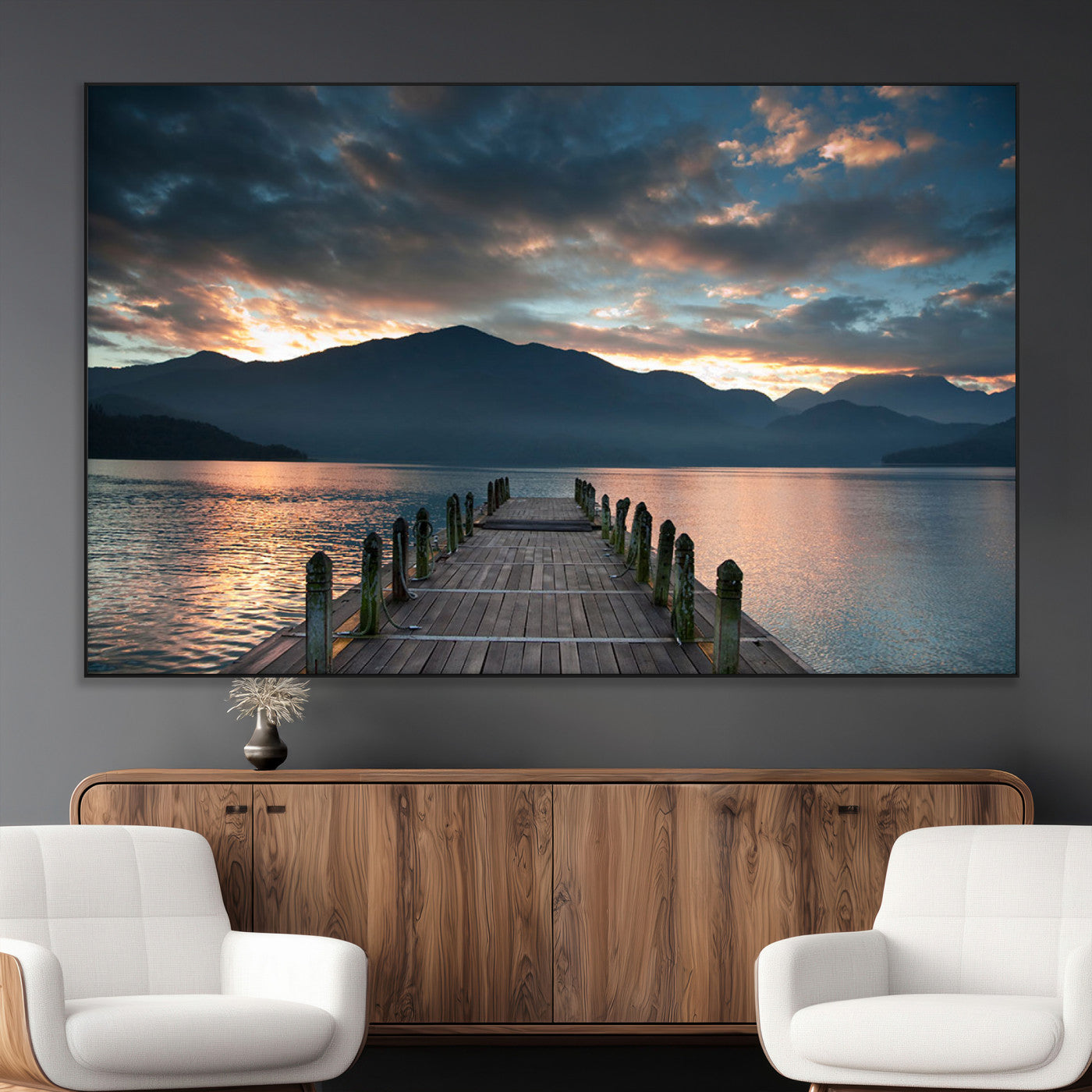 SEG-FC-51X34_Oversize - Mountain Lake Wood Pier Canvas Wall Art Nature Lake Print