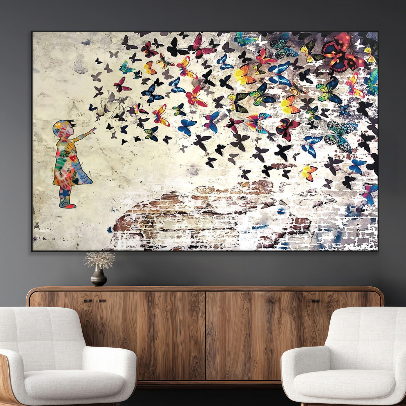 SEG-FC-51X34_Oversize - Banksy Wall Art - Banksy Girl Butterfly Graffiti Wall Art Canvas Print - Butterfly Girl and Freedom