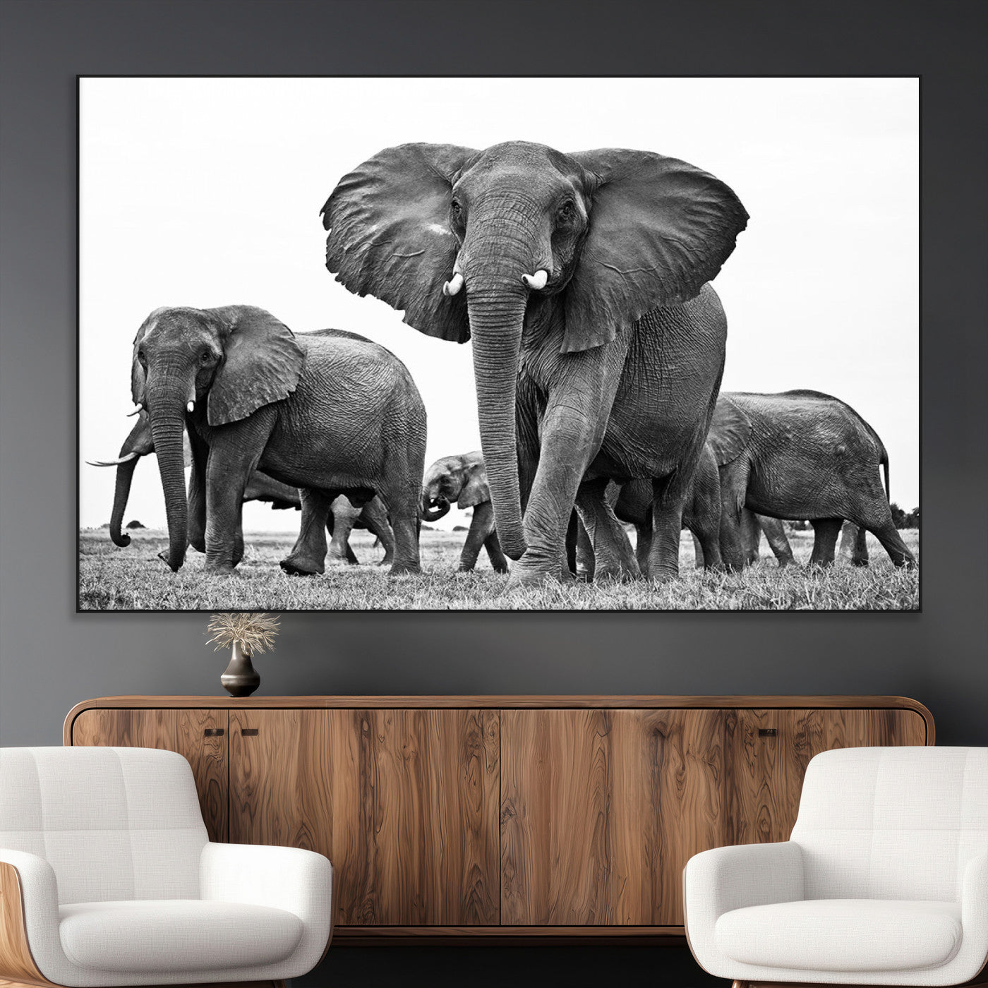 -Black White Elephant Family Wall Art Canvas Print