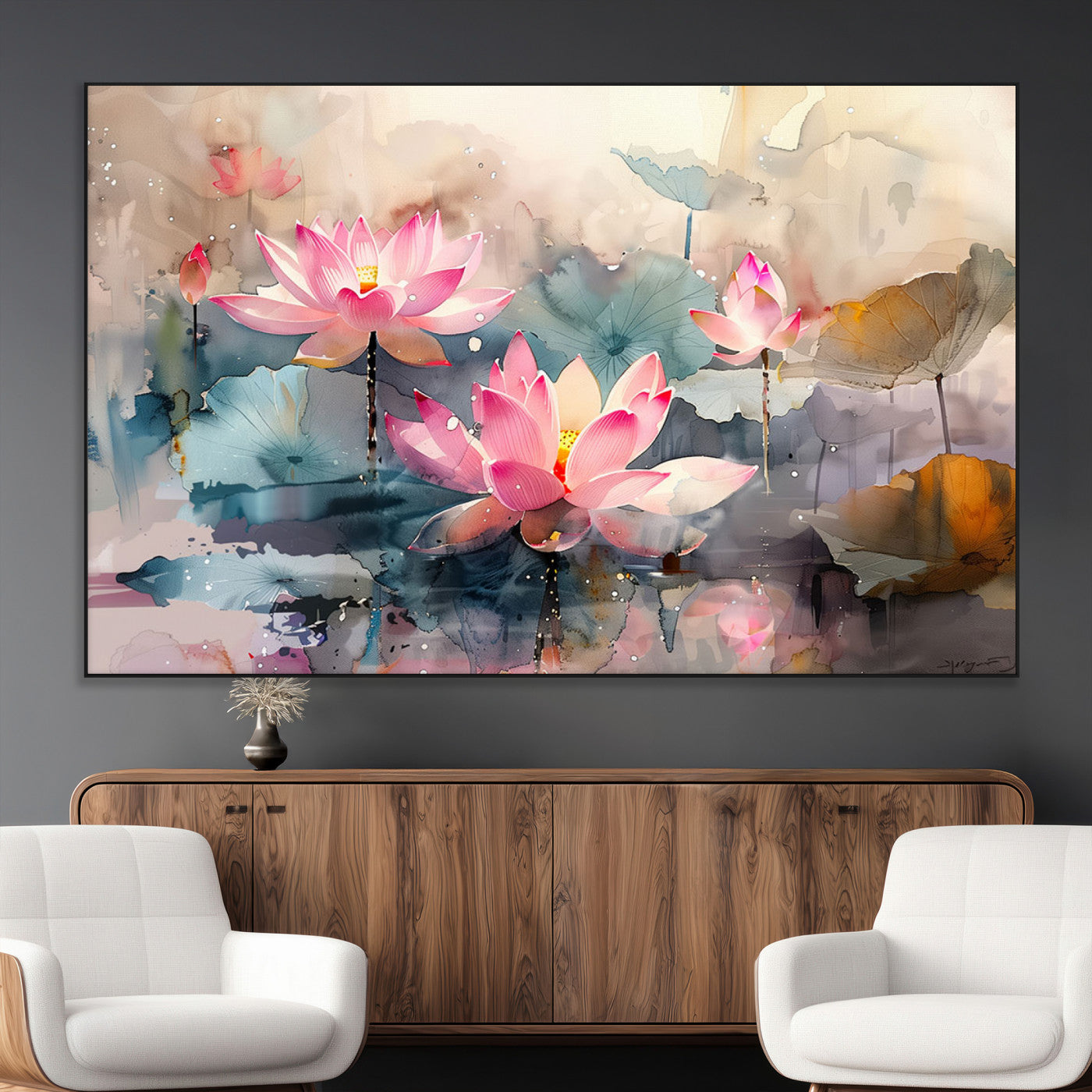 SEG-FC-51X34_Oversize - Lotus Flower Wall Art | 3-Panel Giclee Canvas Print of Pink Lotus Blossoms for Living Room, Bedroom,