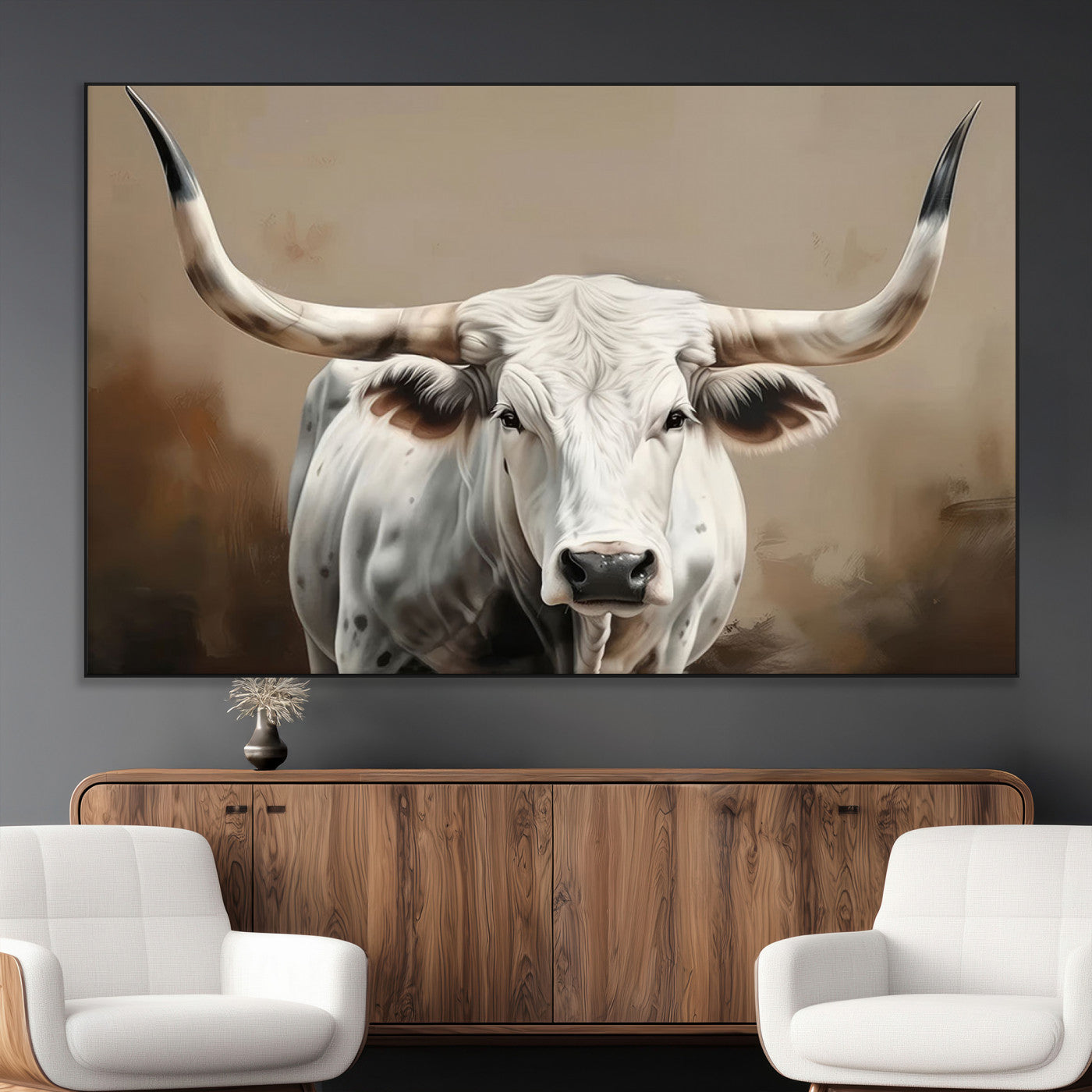 -White Longhorn Bull Wall Art Canvas Print – Framed and Ready to Hang – Perfect for Farmhouse and