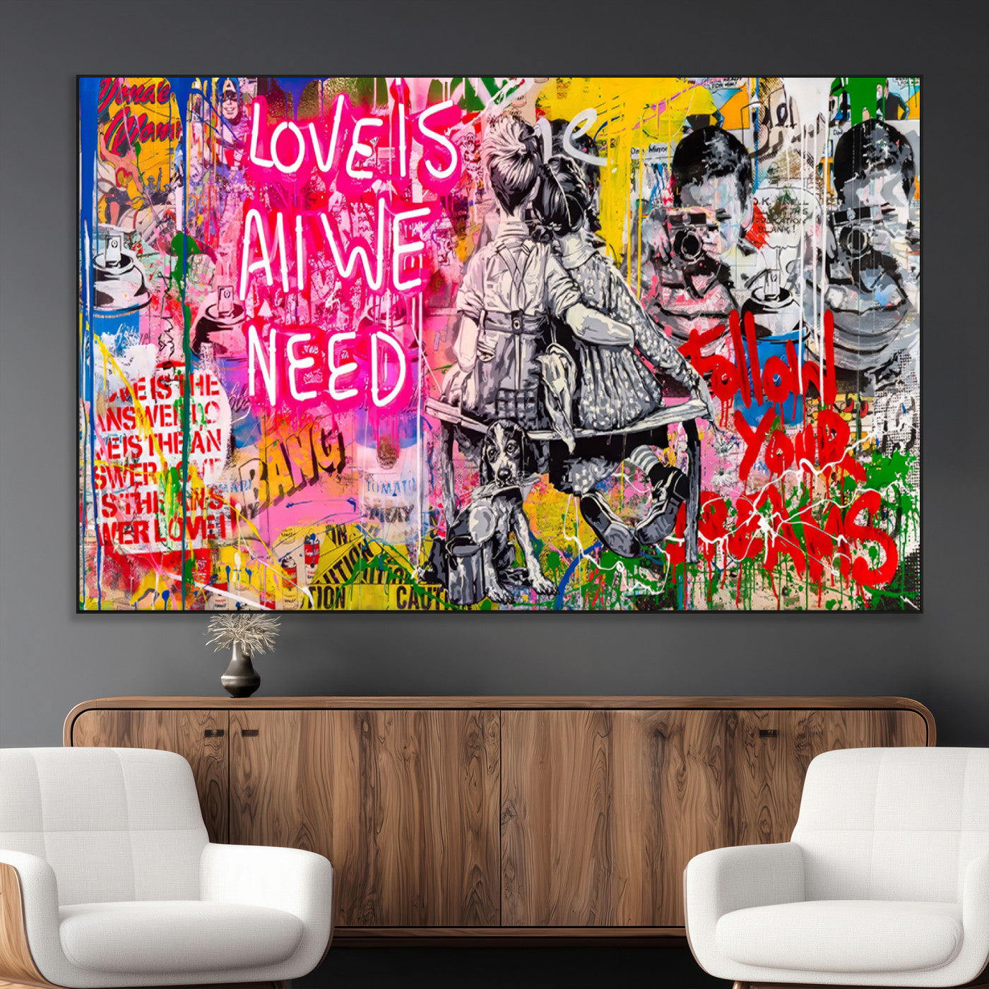SEG-FC-51X34_Oversize - Follow Your Dreams & Love is All We Need Graffiti Street Art Triptych | Colorful Urban Wall Art