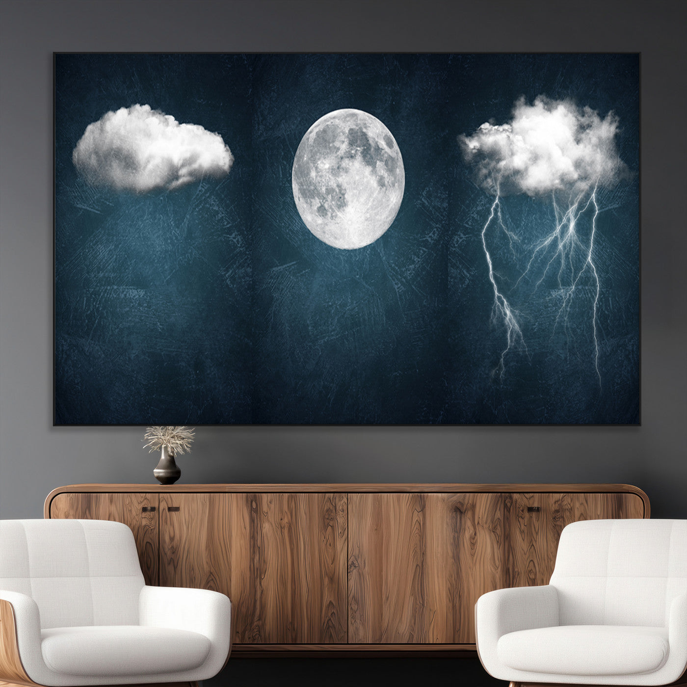 -3 Piece Indigo Cloud Wall Art, Thunderstorm Moon Cloud Artworks