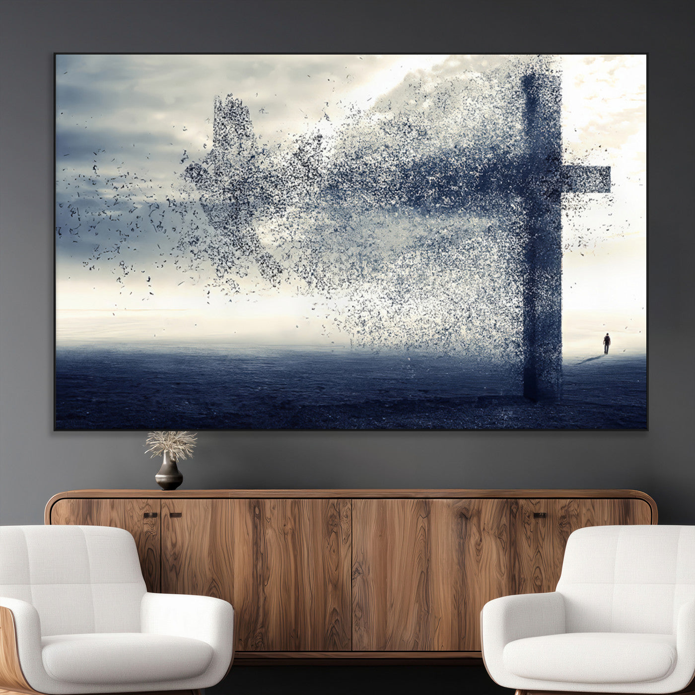 SEG-FC-51X34_Oversize - Jesus and the Fading Cross Wall Art Print – Symbol of Faith, Christian Wall Art Canvas Print, Framed