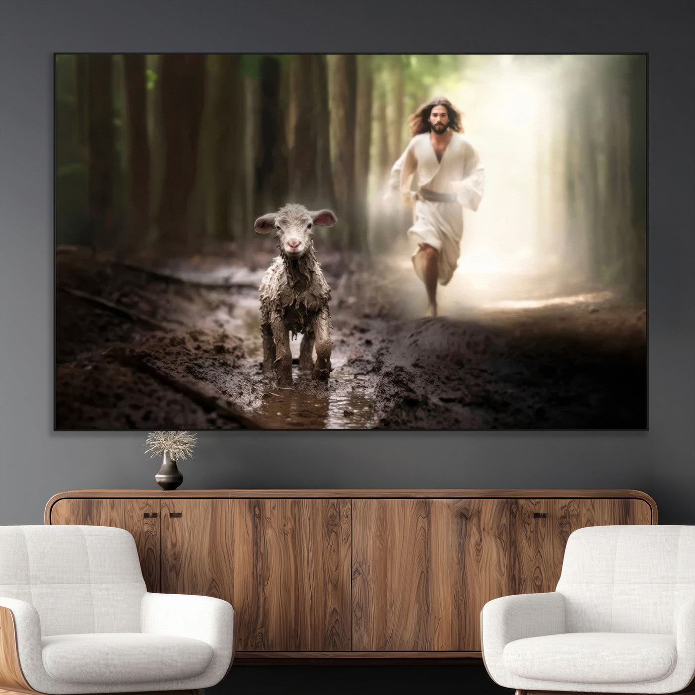 SEG-FC-51X34_Oversize - Jesus Canvas Wall Art - Jesus Running After Lost Lamb, Jesus, Christian Home Decor - Church Wall Art