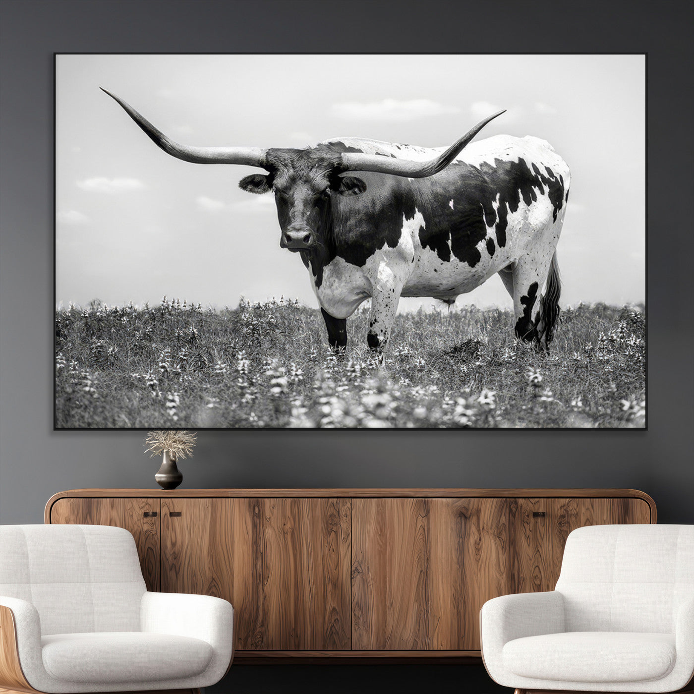 -Texas Black White Highland Longhorn Cow Wall Art Canvas Print