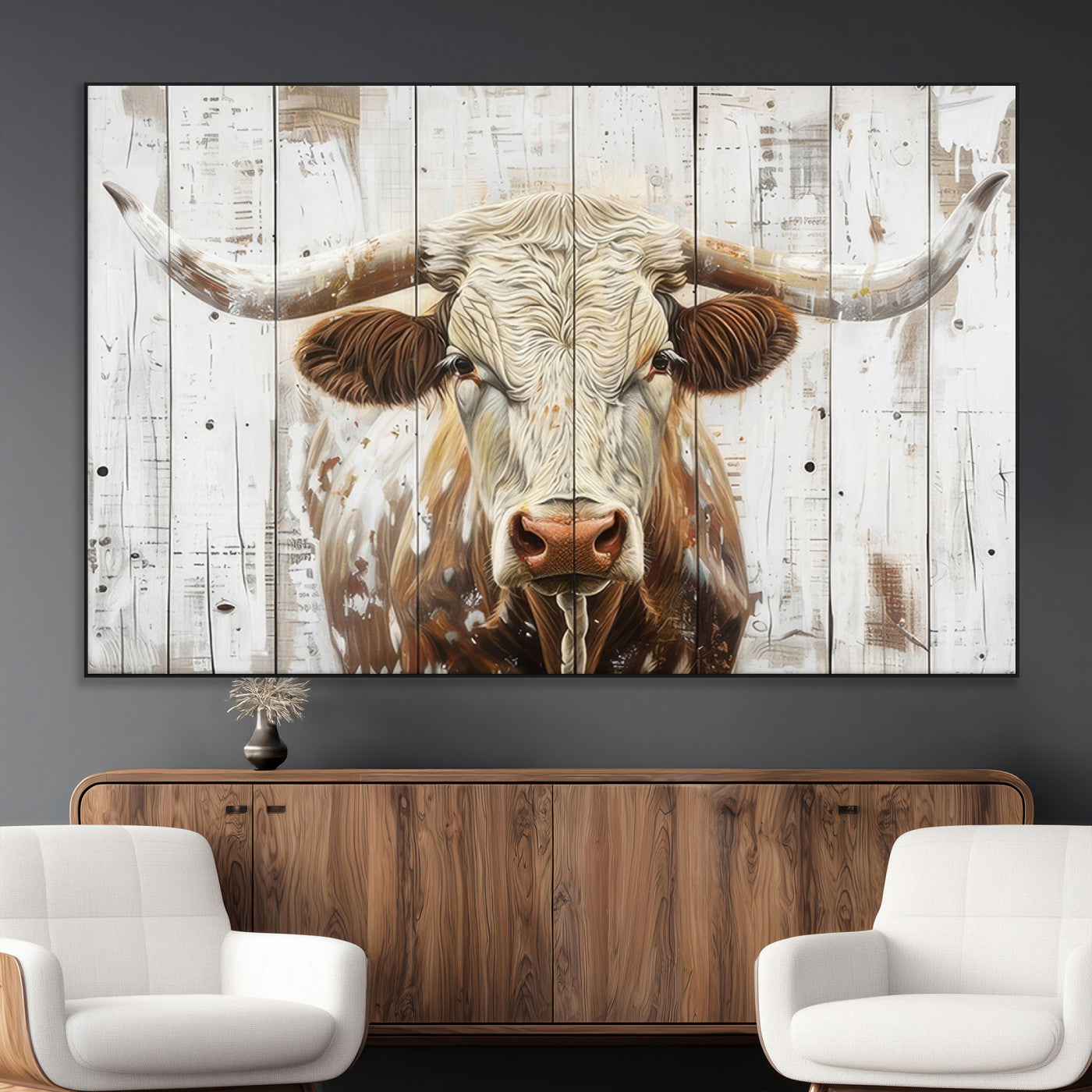 -Rustic Longhorn Bull Wall Art Canvas Set – Western-Inspired Farmhouse Décor - Ready to Hang