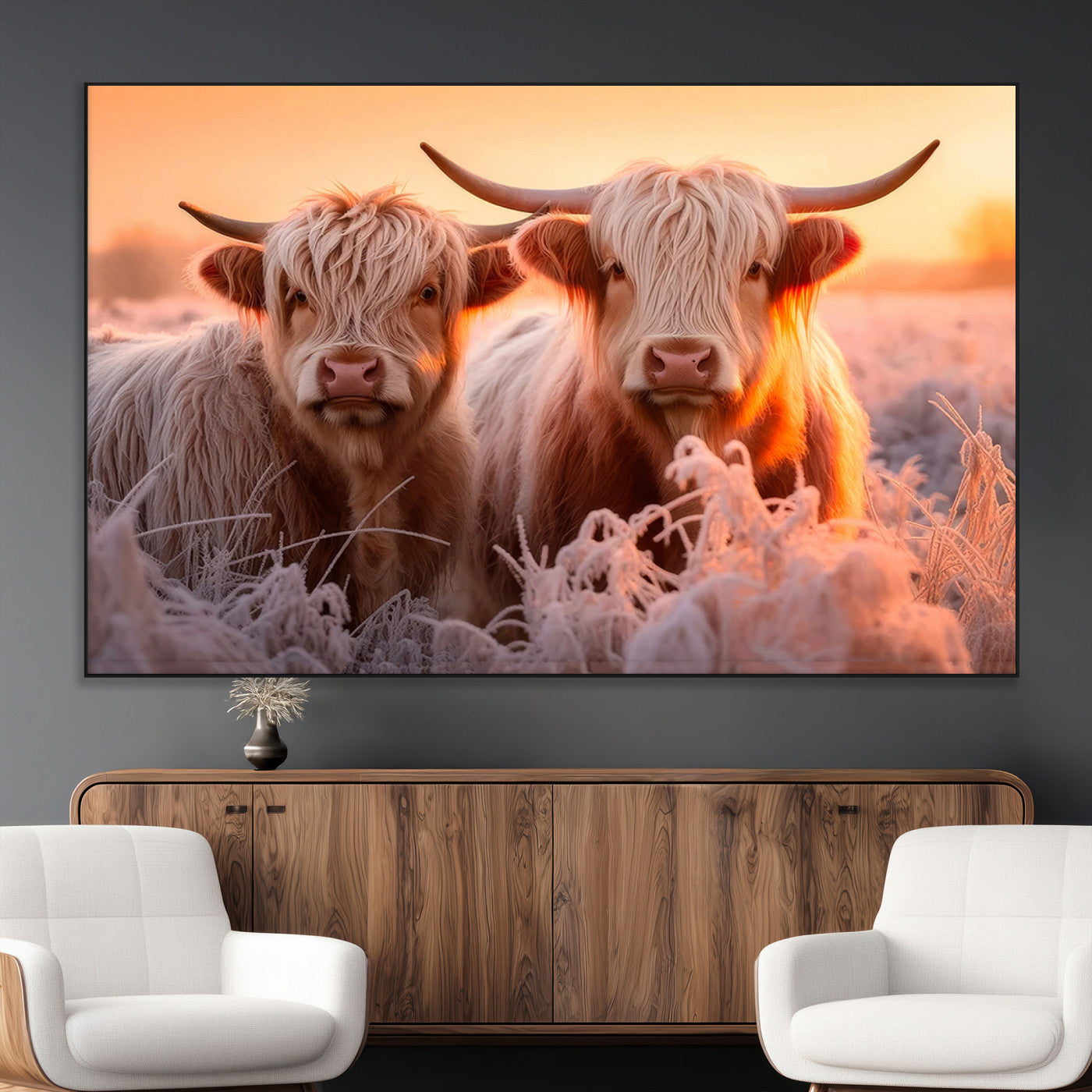 -Highland Cows at Sunrise Wall Art Canvas Set – Serene and Rustic Farmhouse Decor
