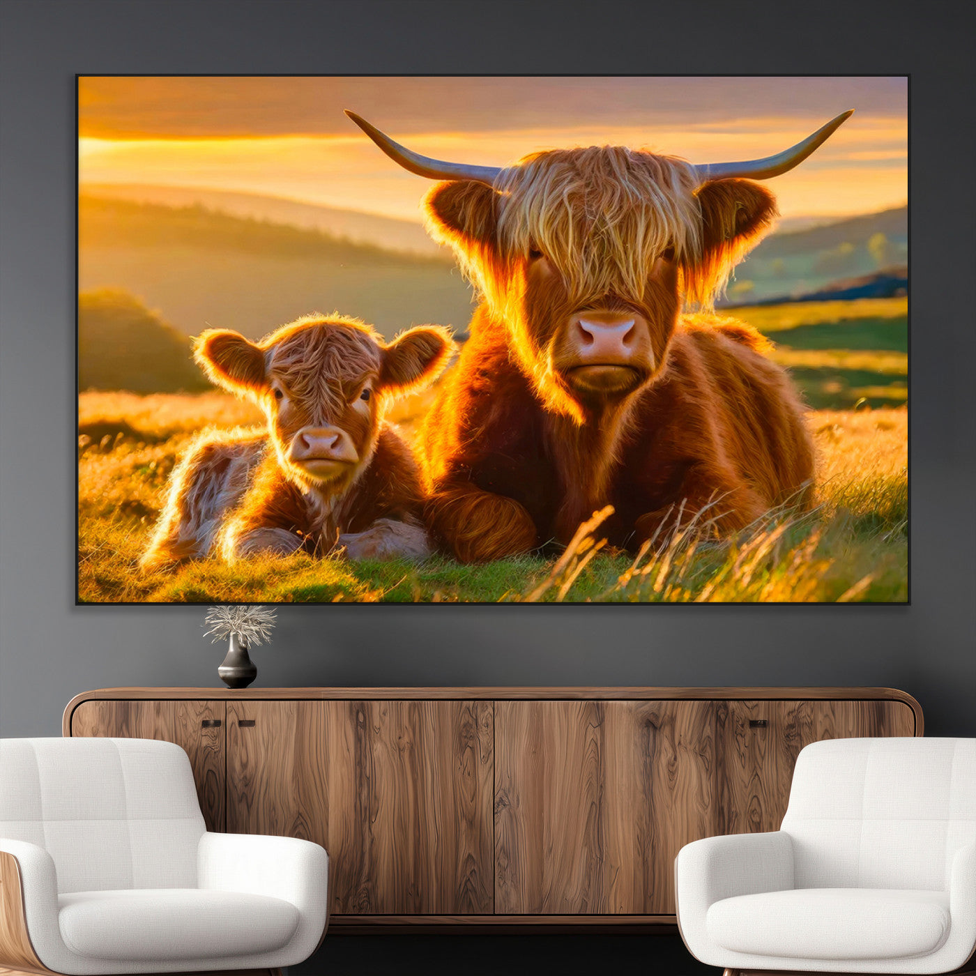 -Scottish Cow and Baby Cow Canvas Wall Art Animal Print Fluffy Cattle Framed Farmhouse Decor