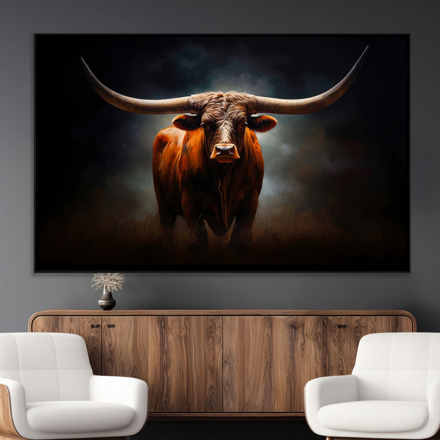 SEG-FC-51X34_Oversize - Abstract Texas Longhorn Wall Art Print | 3-Panel Large Texas Longhorn Canvas Print for Living Room,