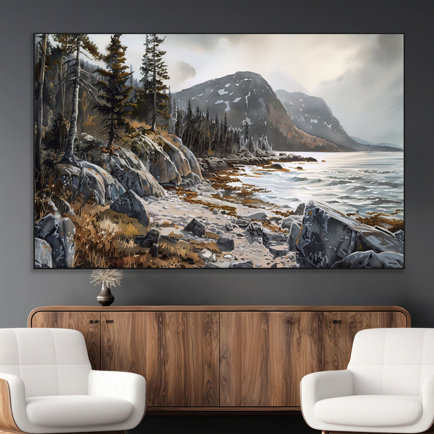 -Serene Coastal View of Acadia National Park - Stunning 3-Panel Wall Art Canvas Print, Framed, Ready