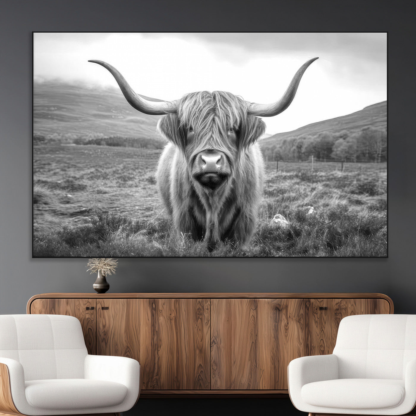 SEG-FC-51X34_Oversize - Black White Scottish Highland Cow Canvas Farm Wall Art Canvas Print