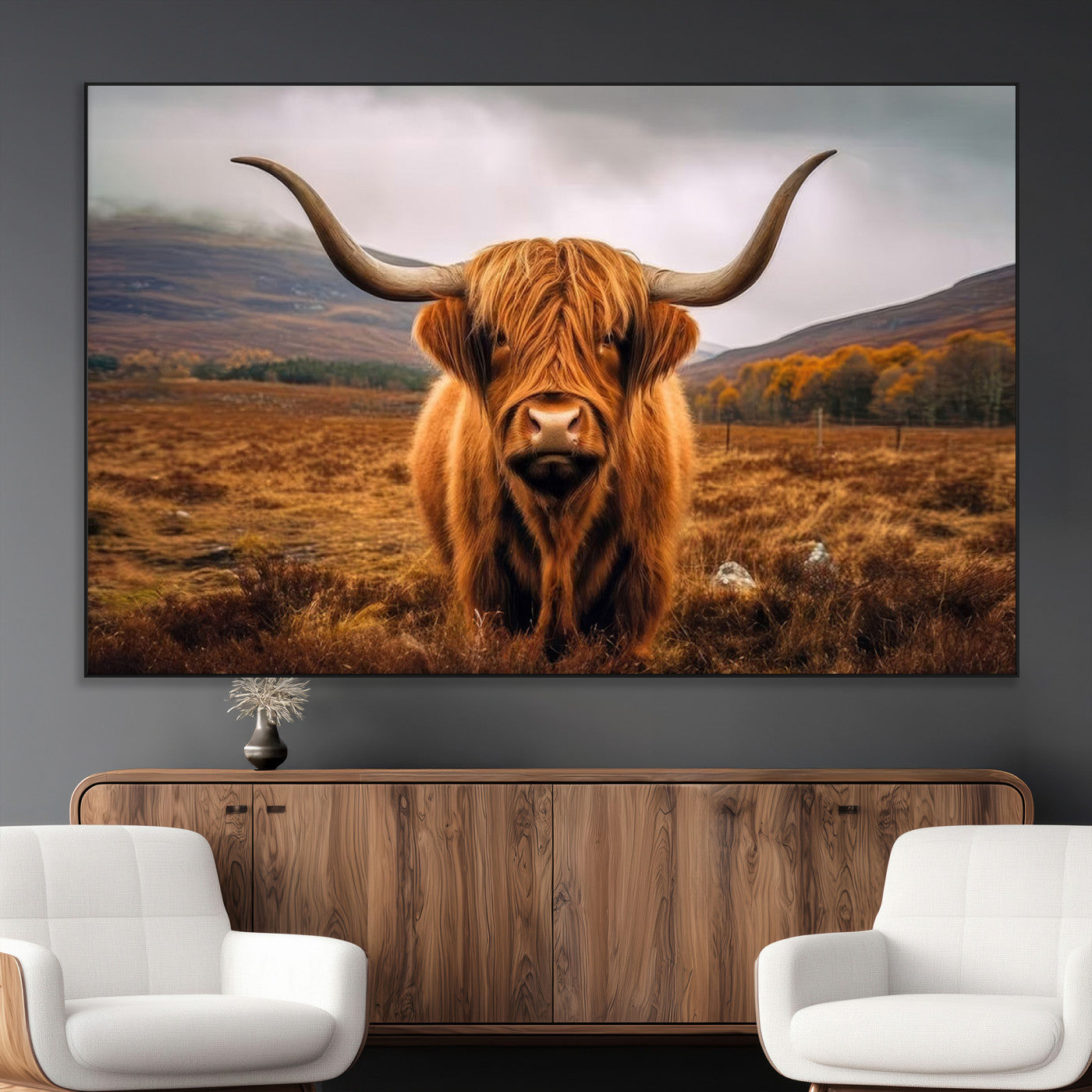 -Highland Cow Longhorn Wall Art – Rustic Canvas Print, Framed and Ready to Hang for Farmhouse Décor