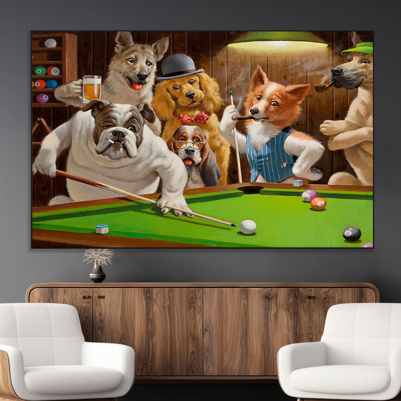 SEG-FC-51X34_Oversize - Dogs Playing Pool Canvas Wall Art Funny Gifts Dog Print