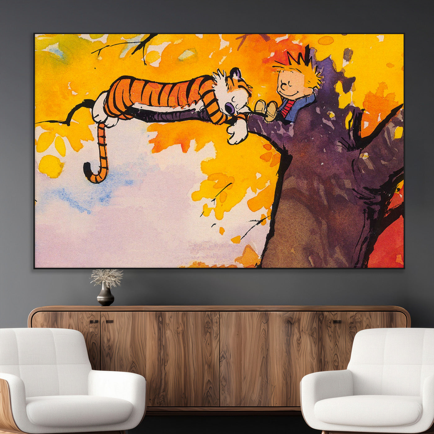 SEG-FC-51X34_Oversize - Calvin and Hobbes Tree Scene Canvas Print | 3 Panel Large Wall Art for Living Room or Kid’s Room,