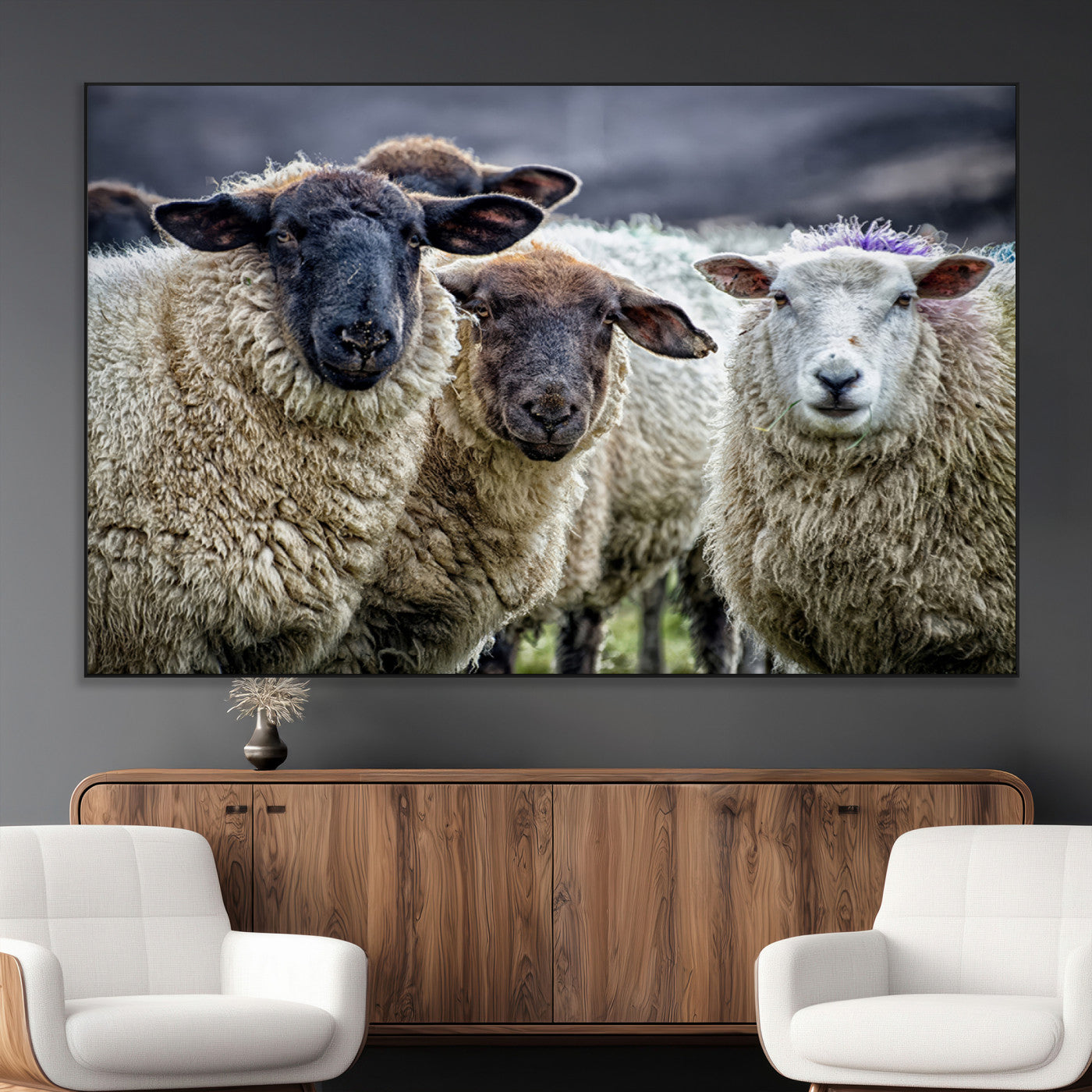 -Charming Sheep Portrait Wall Art – Trio of Woolly Companions Canvas Print, Framed, Ready to Hang