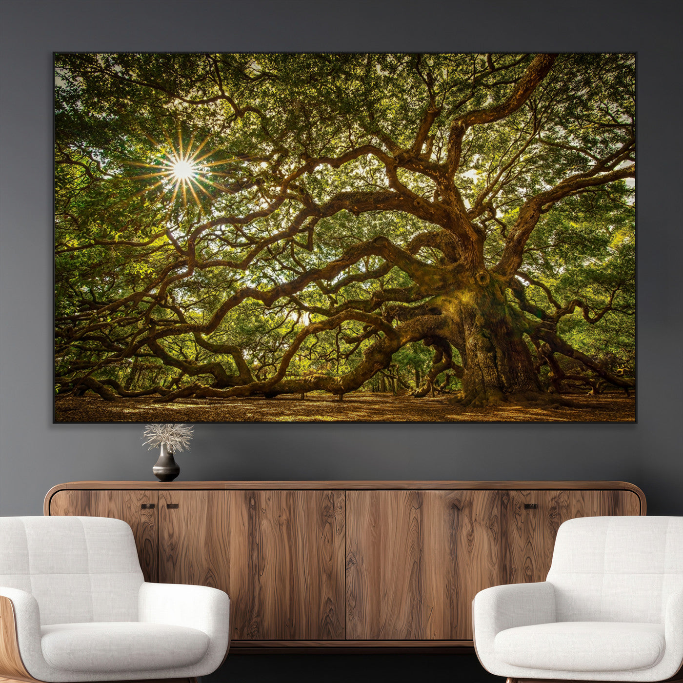 SEG-FC-51X34_Oversize - Ancient Angel Oak Tree Art Sunburst Canvas Print- Nature-Inspired Triptych Canvas Print, Framed,