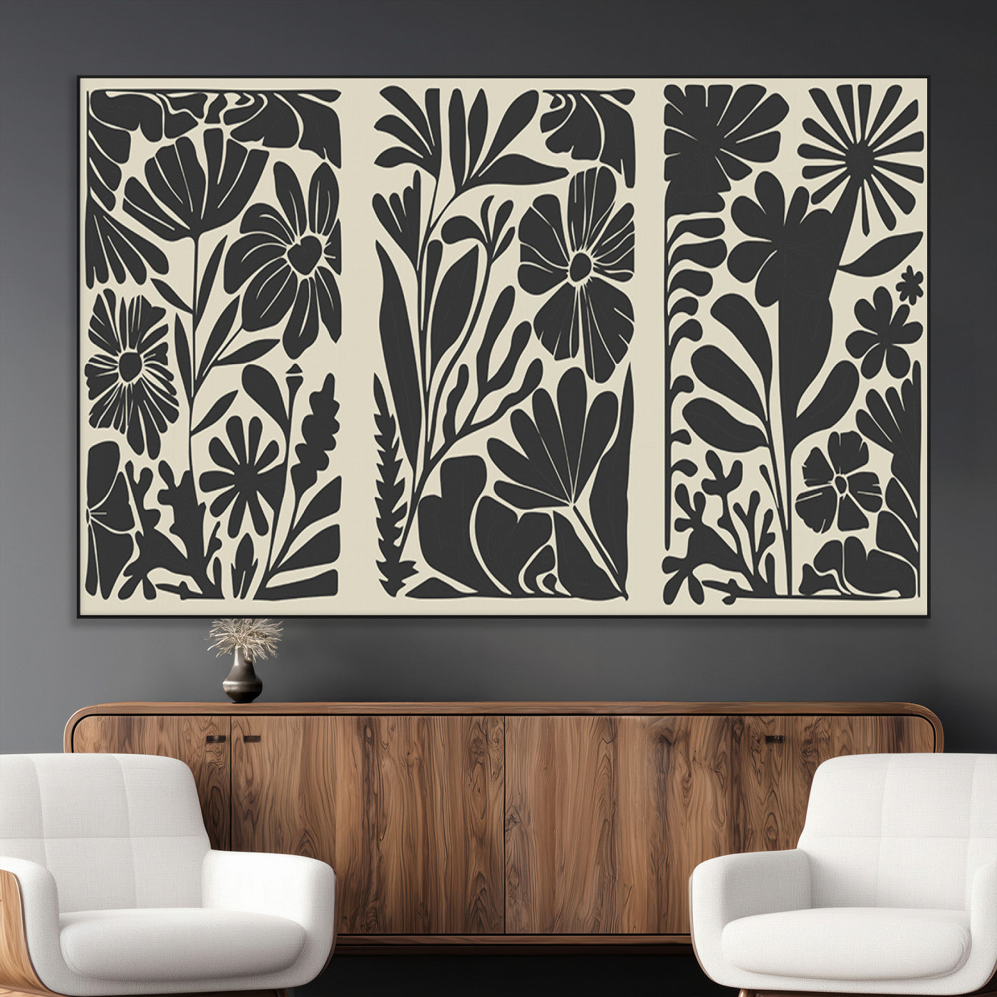 SEG-FC-51X34_Oversize - Modern Botanical Wall Art - Floral Black and White Canvas Print, Framed, Ready to Hang