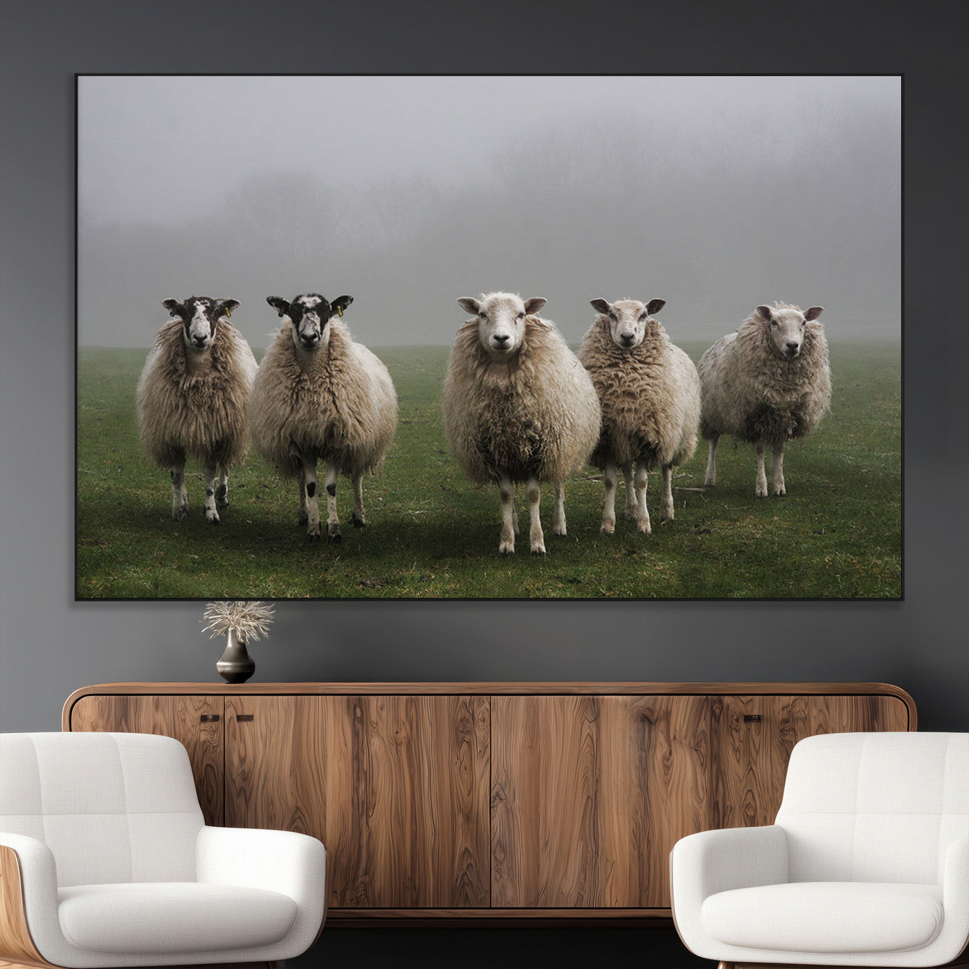 -Flock of Sheep in a Mystical Fog – Pastoral Wall Art Canvas Print, Framed, Ready to Hang