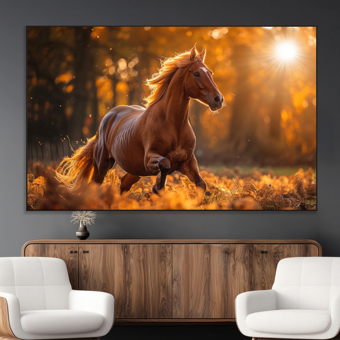 -Running Horse Sunset Forest Wall Art Canvas Print