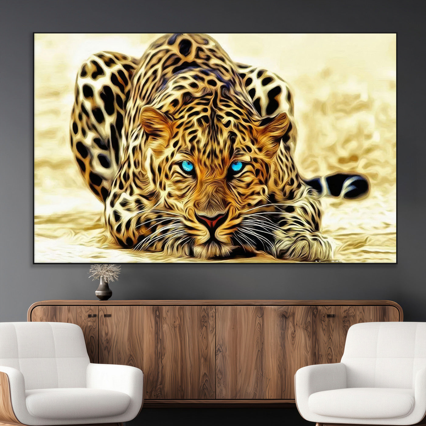 -Blue-Eyed Leopard Canvas Wall Art - Framed Animal Print Ready to Hang - Fierce and Bold Decor for
