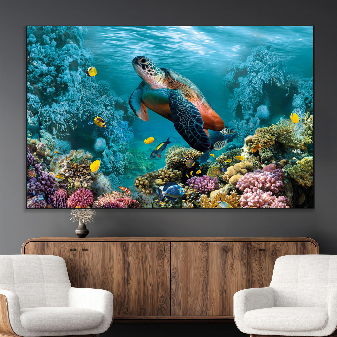 SEG-FC-51X34_Oversize - Sea Turtle and Coral Reef Triptych Wall Art – Vibrant Underwater Scene Canvas Set for Ocean Lovers