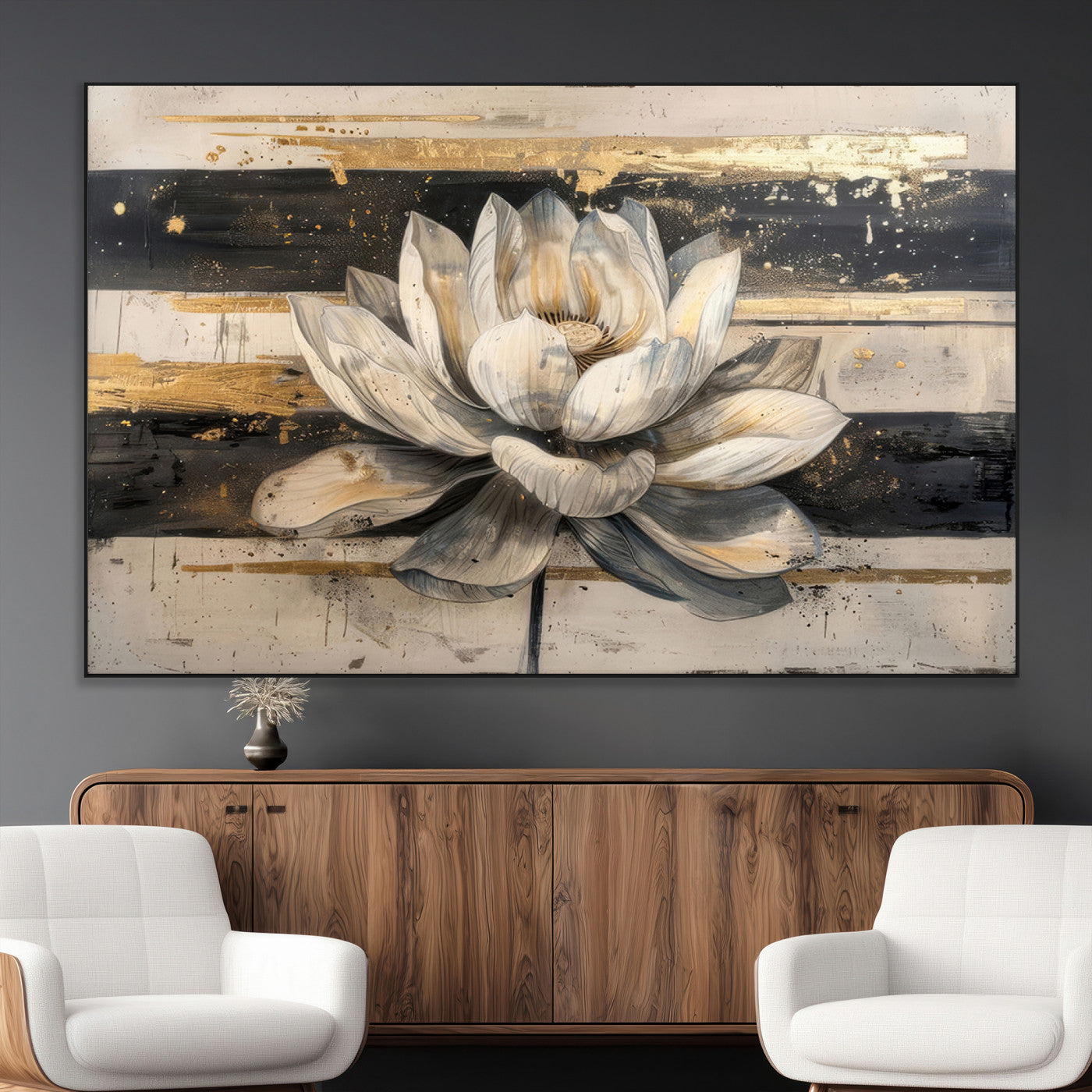 SEG-FC-51X34_Oversize - Lotus Flower Wall Art Canvas Print, Framed Abstract Lotus Art Picture Print, White Lotus Flower Perfect Abstract Floral Decor Artwork