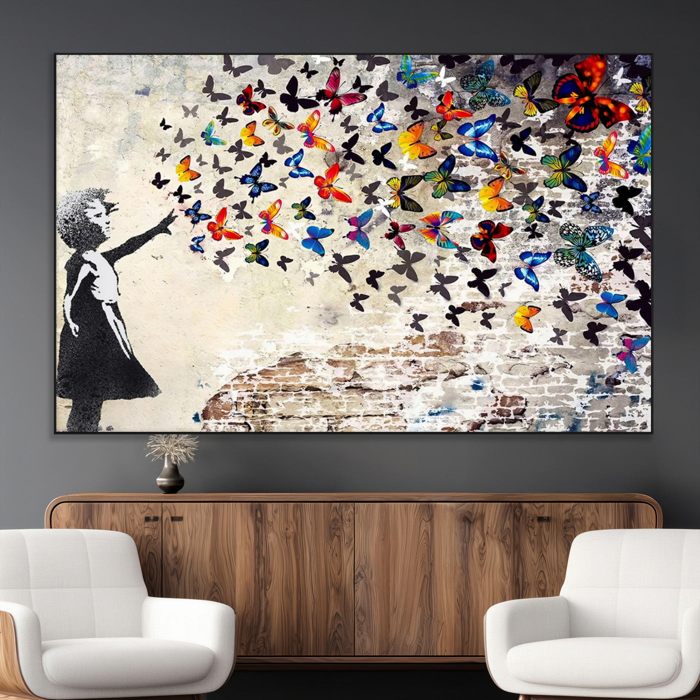 SEG-FC-51X34_Oversize - Banksy Graffiti Wall Art Canvas Print: Girl Releasing Vibrant Butterflies – Ready to Hang