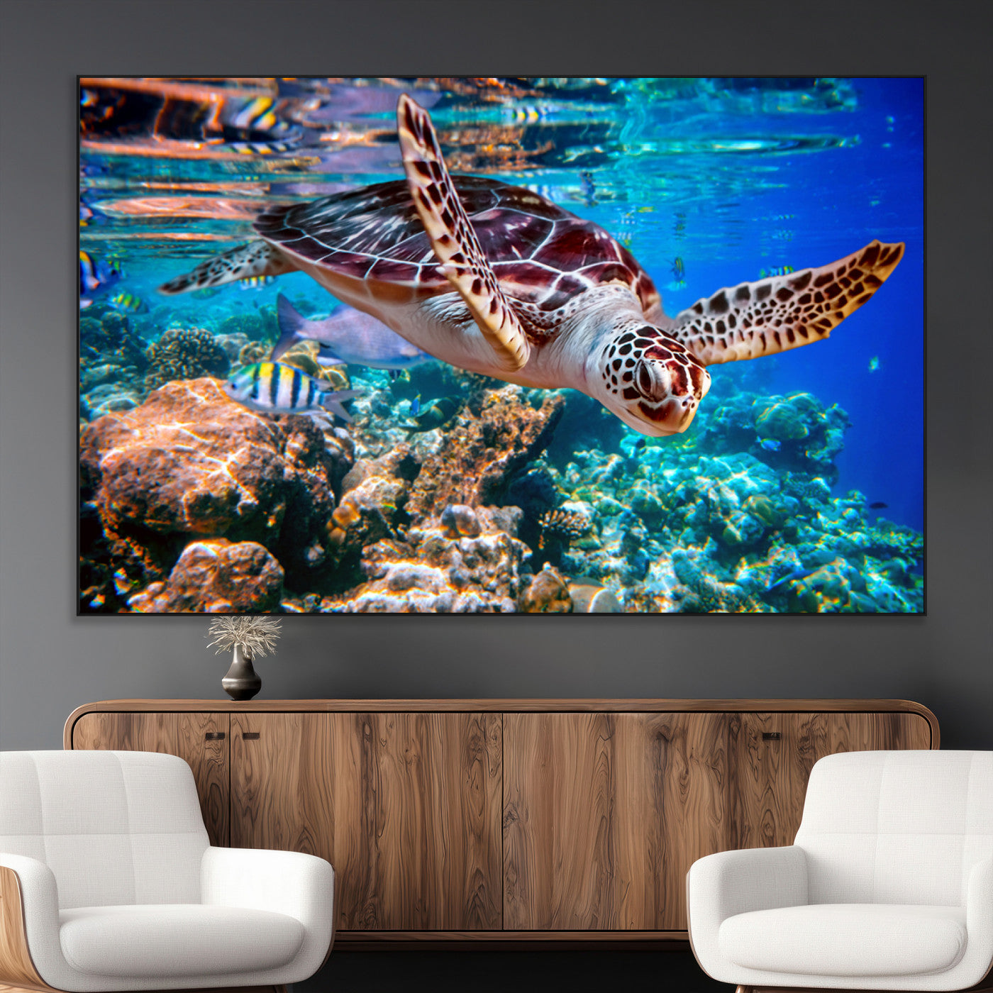 SEG-FC-51X34_Oversize - Underwater Coral Reef Sea Turtle Wall Art Canvas Print, Vibrant Marine Life | Colorful Ocean Scene