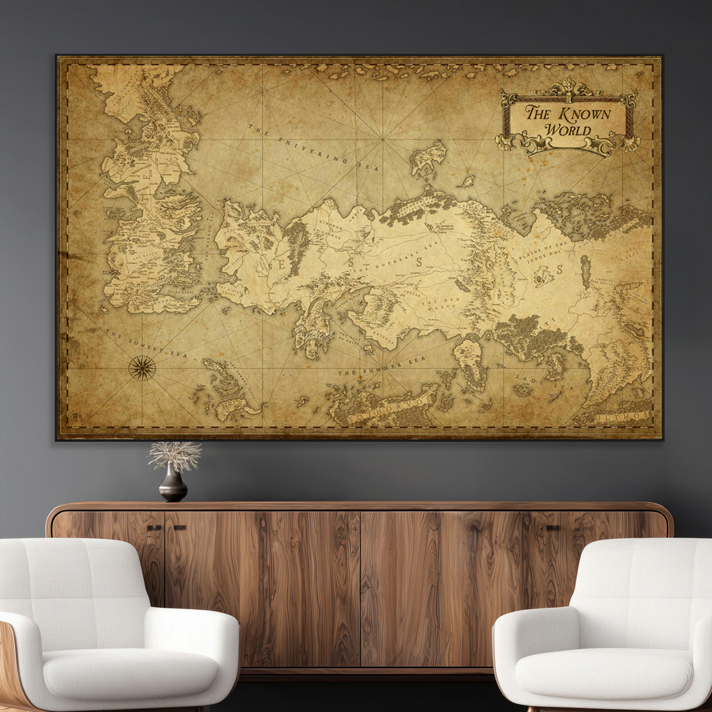 SEG-FC-51X34_Oversize - Vintage Game of Thrones Map Wall Art | Westeros and Essos Antique Style Print | The Known World in Triptych Canvas | Giclee Canvas for Fantasy Lovers
