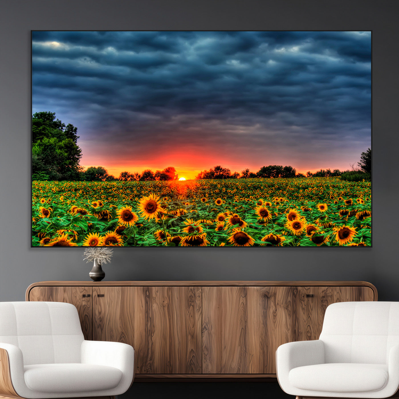 SEG-FC-51X34_Oversize - Golden Sunflower Field at Sunset – Breathtaking Sky and Vibrant Flowers, Ready to Hang Wall Art