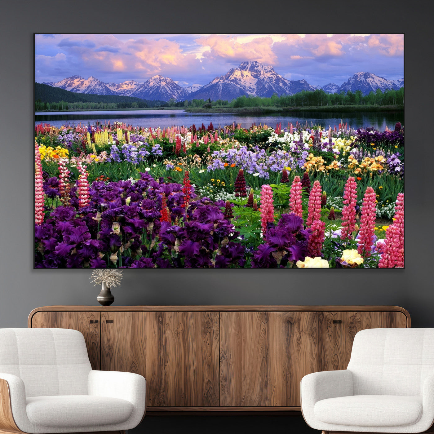 SEG-FC-51X34_Oversize - Vibrant Wildflower Garden and Mountain View Giclee Canvas Print | Floral Wall Art for Living Room