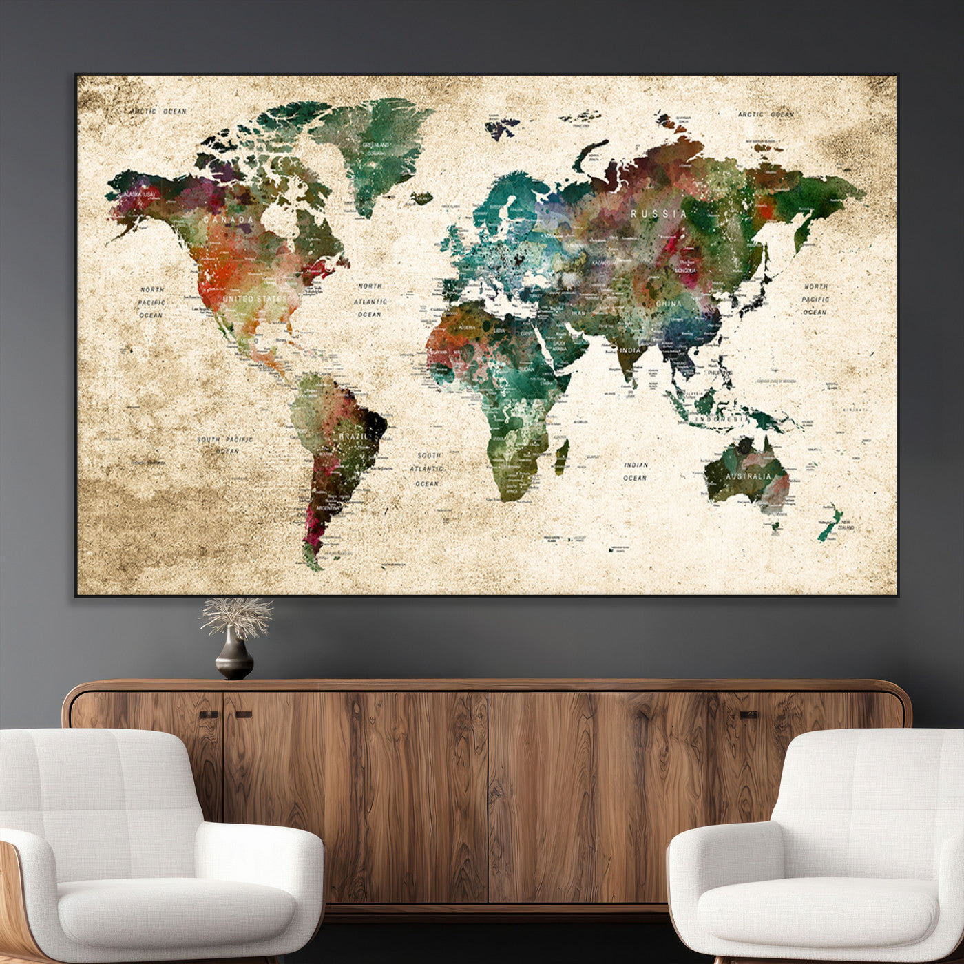 45128-MGV-CV-36X24-Push Pin World Map Canvas Print – Framed Wall Art for Couples to Track Their Travels – Anniversary Gift or Home Adventure Decor