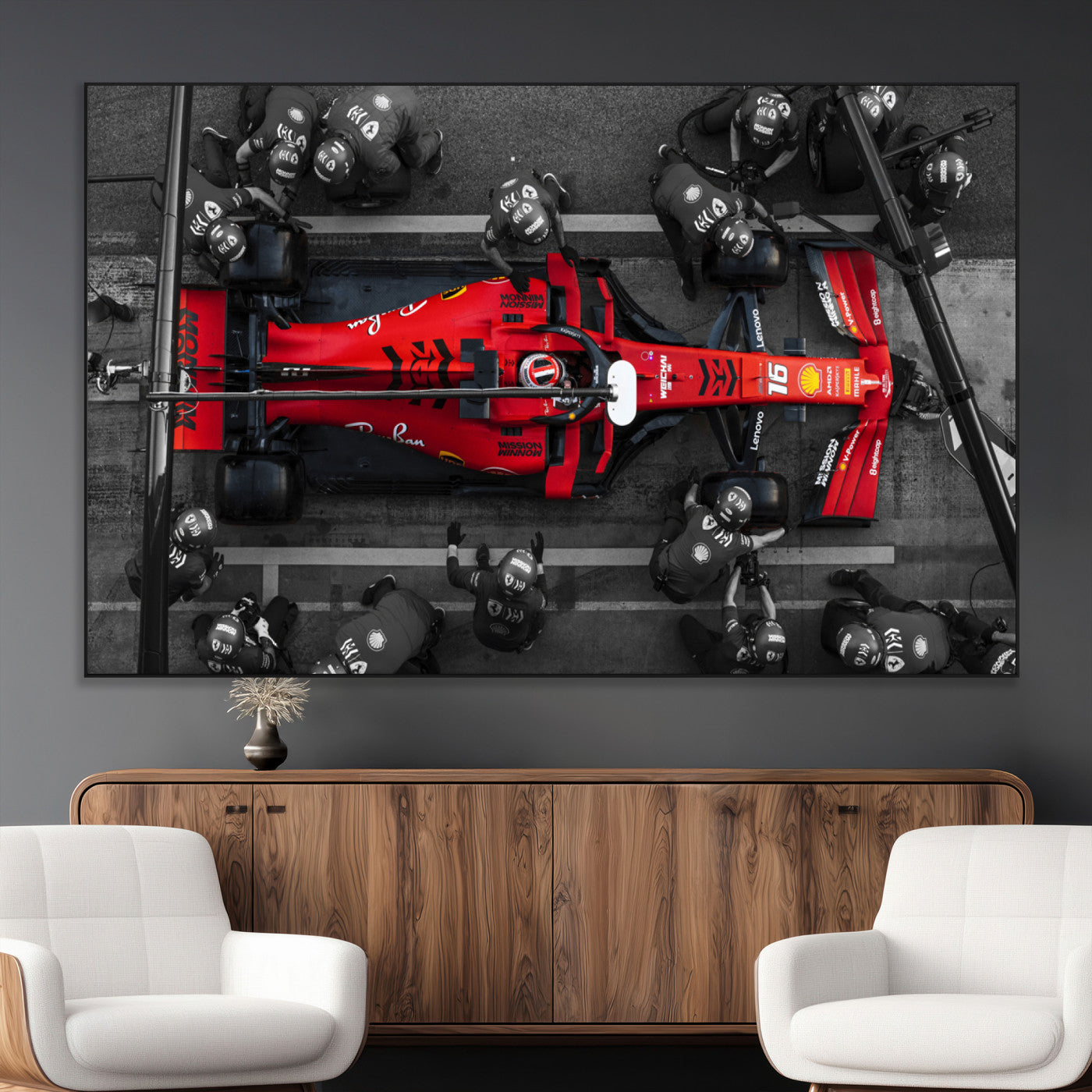 SEG-FC-51X34_Oversize - Ferrari Pit Stop Canvas Wall Art – Precision and Speed Captured in Bold Motorsport Imagery – Ready