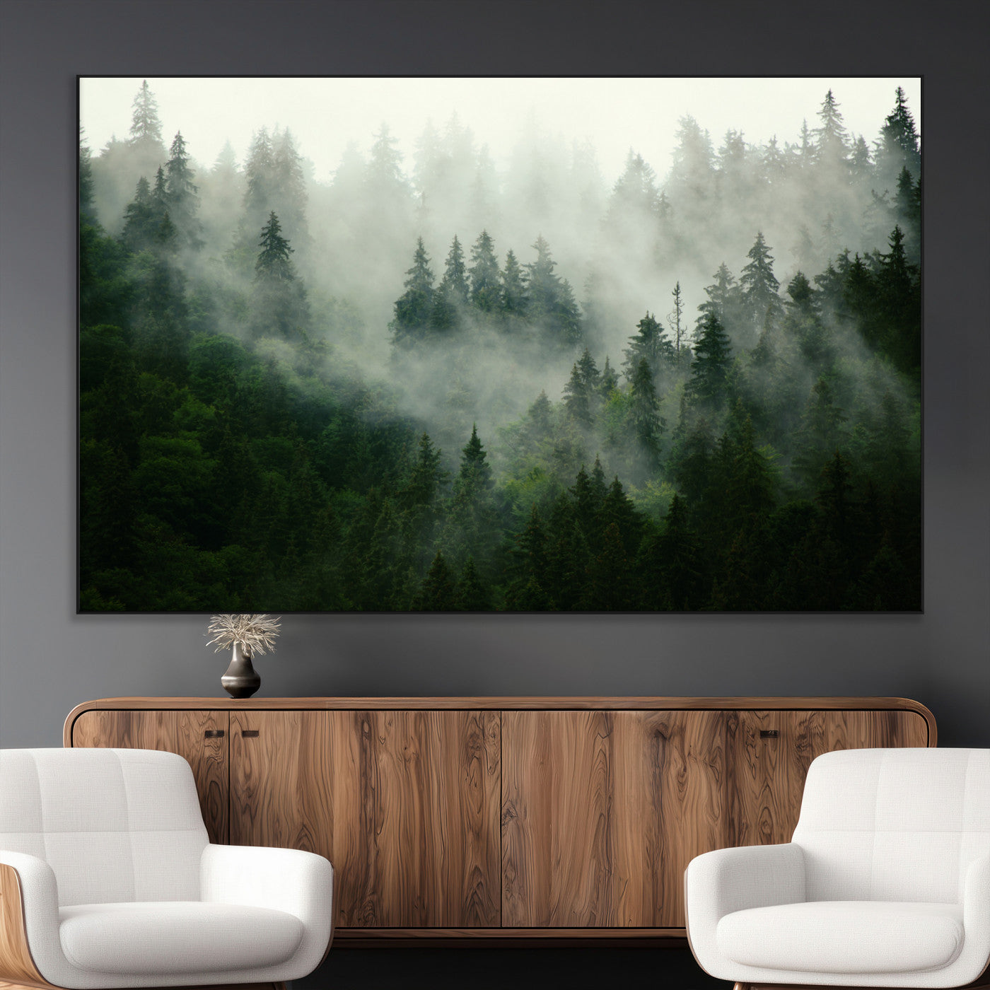 SEG-FC-51X34_Oversize - Misty Forest Mountain Wall Art Canvas  | Large 3-Panel Foggy Landscape Canvas Print | Nature Misty